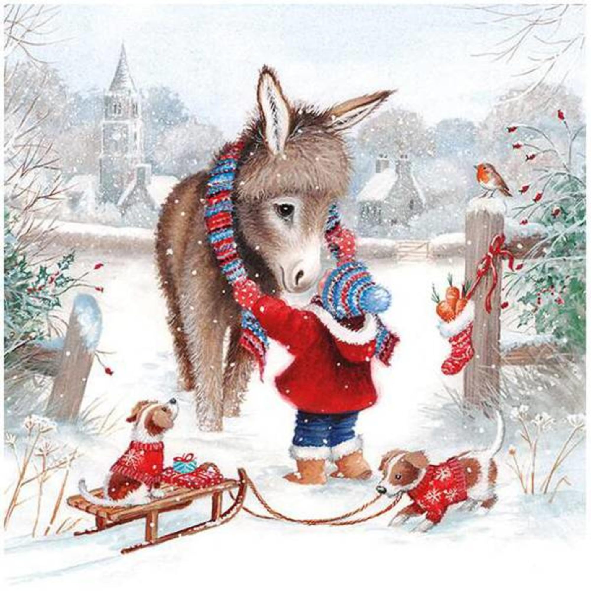 Set of 2 Individual Decoupage Paper Party Napkin Christmas Donkey Child Warm Scarf Watercolor Decor Luncheon Napkins for a Birthday Holiday, Wedding, Cocktail Party