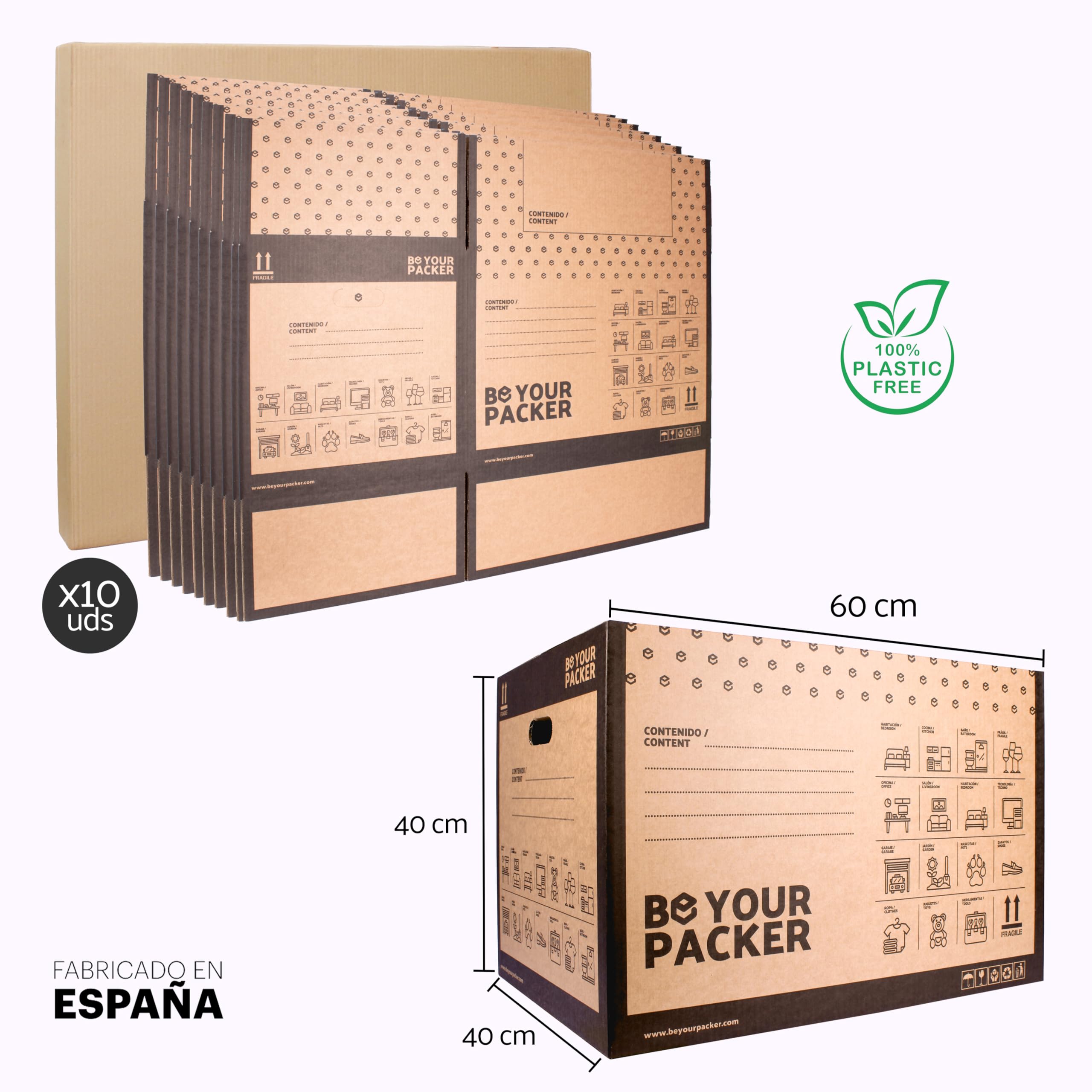 Cajas de Mudanza 10 grandes 60x40x40 y 20 pequeñas 43x30x25, Be Your Packer | Kit mixto de cajas con asas para mudanza. Cartón resistente hecho en España. Ideal para libros, ropa y vajilla.