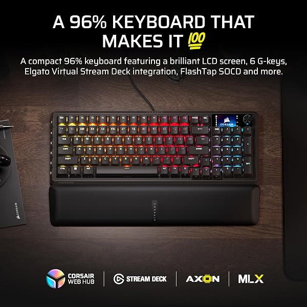 Corsair VANGUARD 96 Wired Mechanical Gaming Keyboard β 96% Layout, MLX Plasma Linear Switches, 8000Hz Polling, LCD Display, Virtual Stream Deck, G-Keys, SOCD Flashtap, QWERTY UK β Black - 2