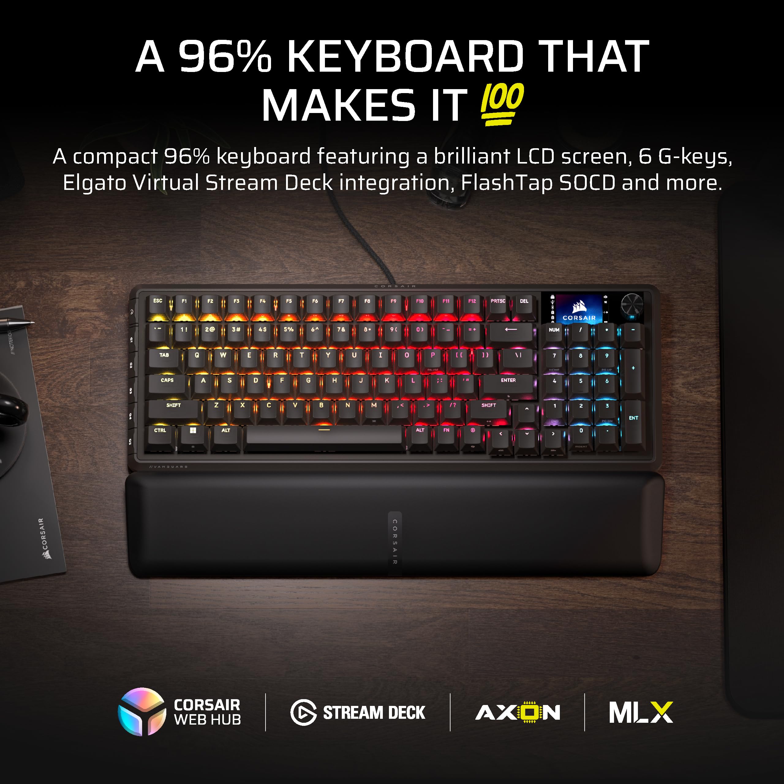 Corsair VANGUARD 96 Wired Mechanical Gaming Keyboard – 96% Layout, MLX Plasma Linear Switches, 8000Hz Polling, LCD Display, Virtual Stream Deck, G-Keys, SOCD Flashtap, QWERTY UK – Black — view 2