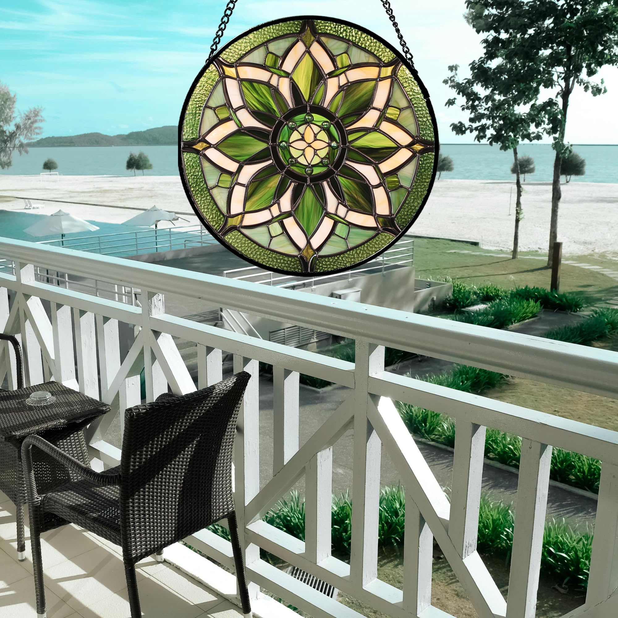 Buntglas-Fensteraufhängung – weiß-grüne Boho-Blume, Sonnenfänger für Türen, Fenster, Zuhause, Sonnenfänger, Dekoration, Weihnachten, Muttertag, Geburtstag, Geschenke für Lehrer, Frauen, Männer