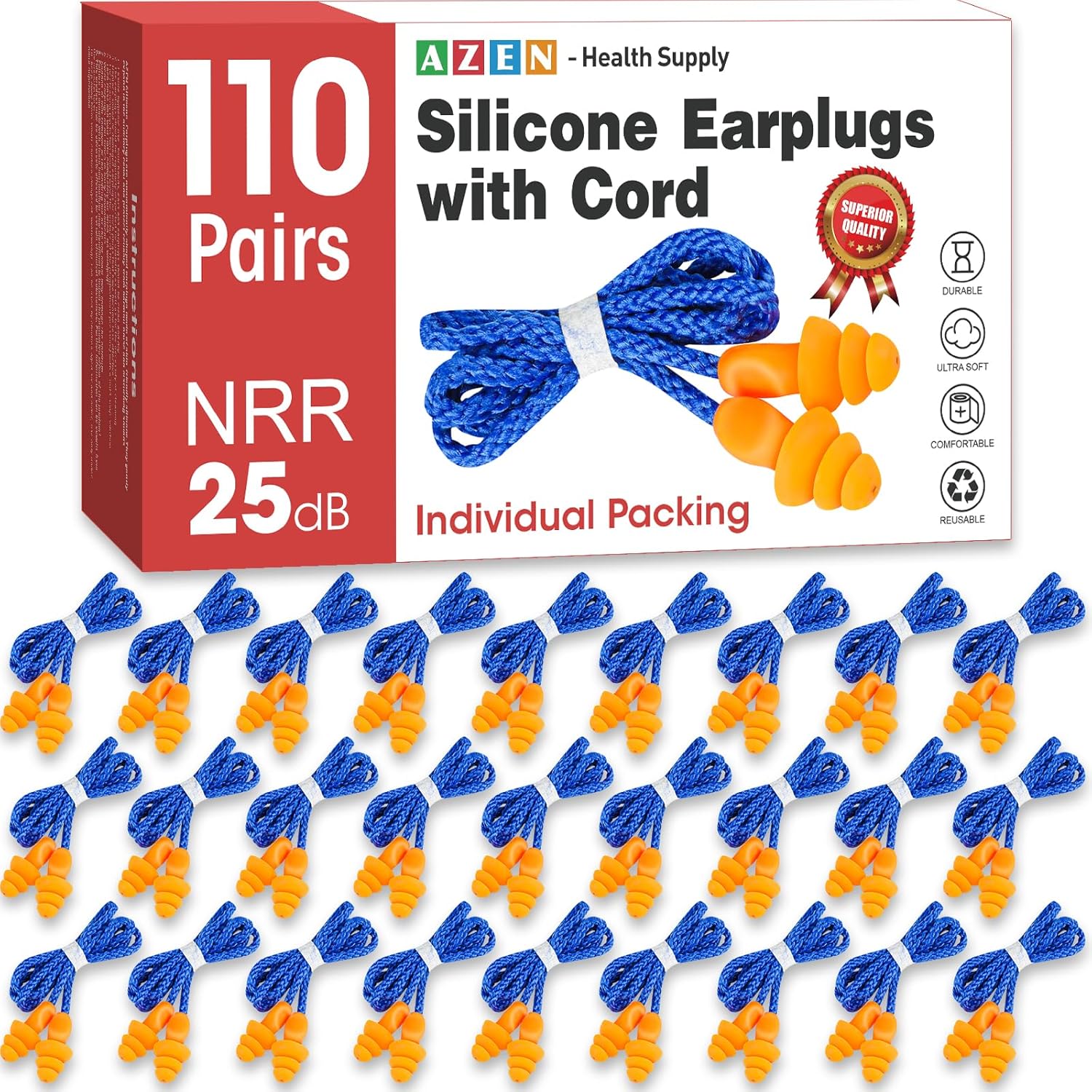 AZEN 220 Pairs Silicone Ear Plugs, Reusable Earplugs for Noise Reduction, 25dB NRR Corded Ear Plug for Sleeping Noise Cancelling, Ear Plug with String Individual Packing