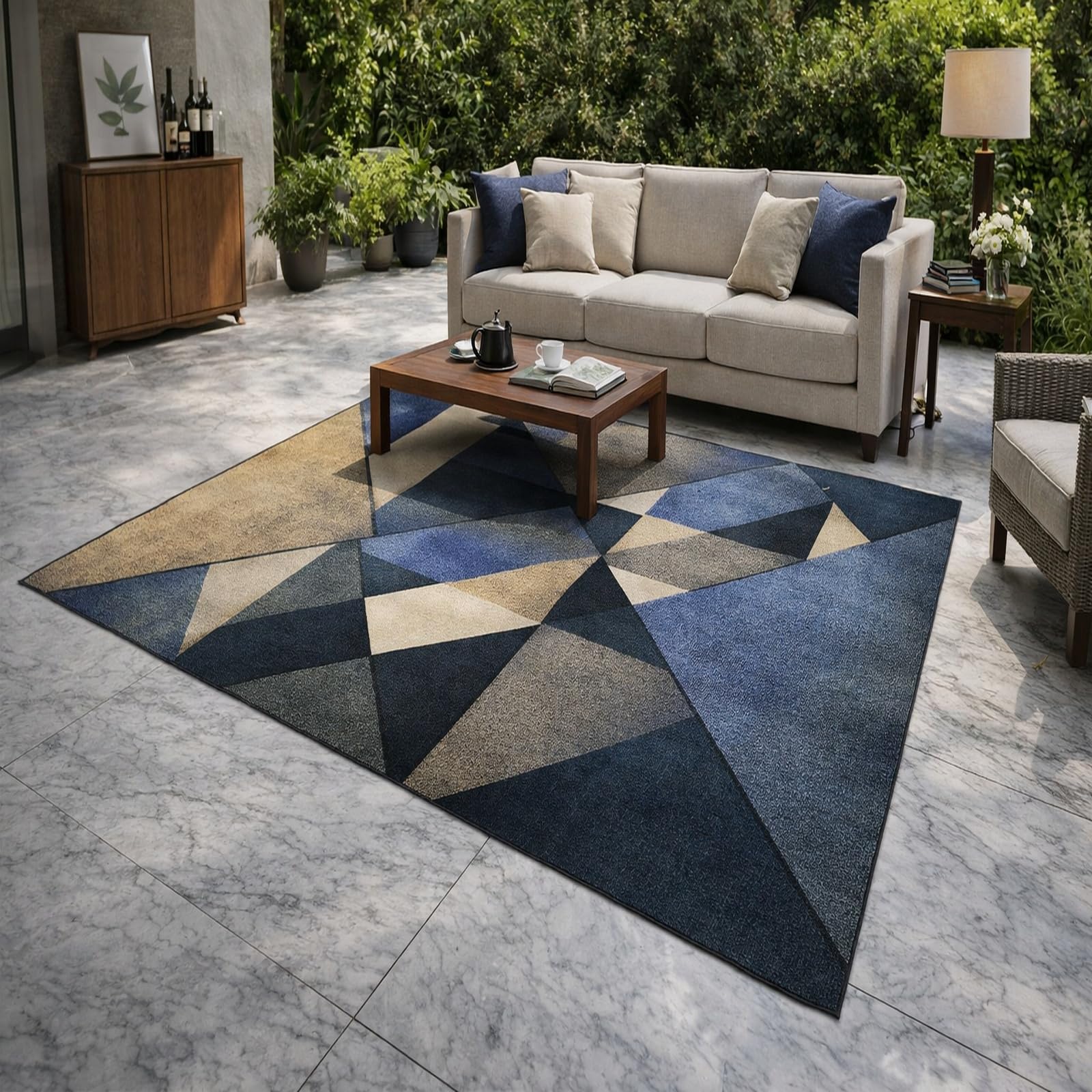 Tapis de chambre adulte bleu à motif géométrique moderne 160x230cm avec poils ras doux