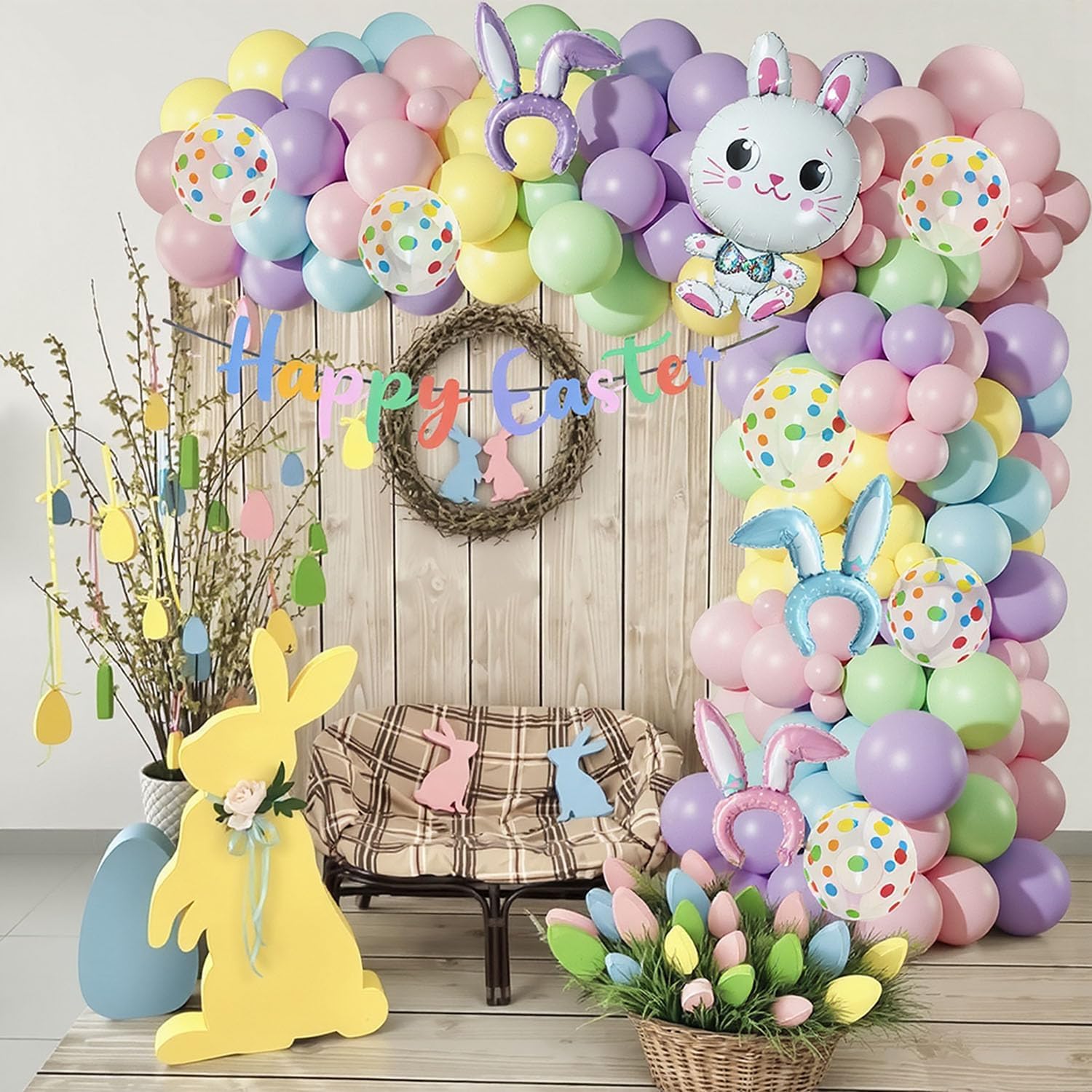 Easter Balloon Arch Garland Kit, 12" 10" 5" Pastel Balloons with Bunny Rabbit Foil Balloon for Easter Party Decorations Spring Indoor Outdoor Party Supplies