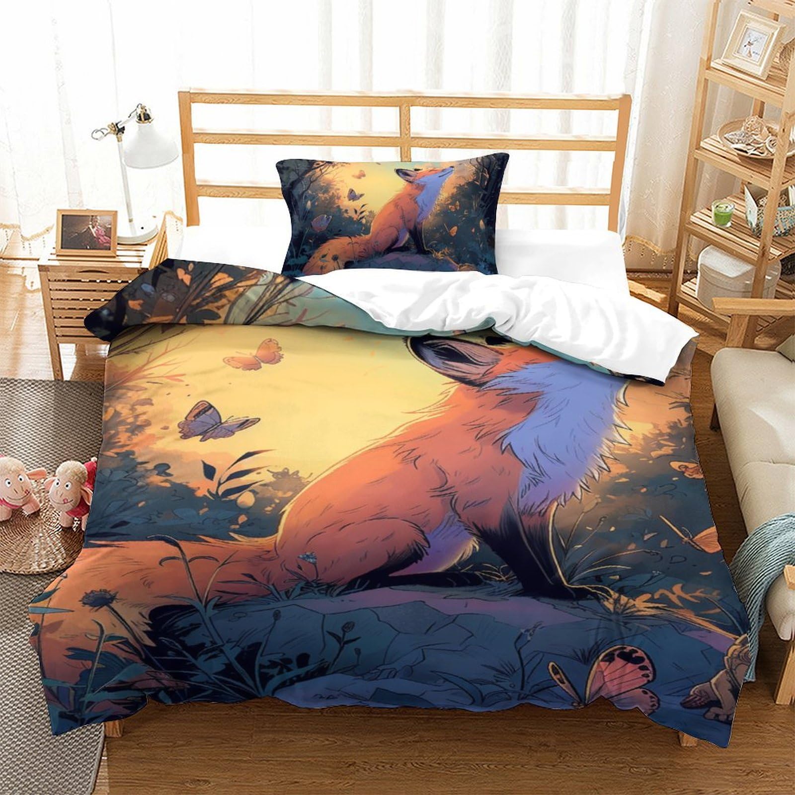 Housses de couettes 3 pièces anti-plis et hypoallergénique motif renard