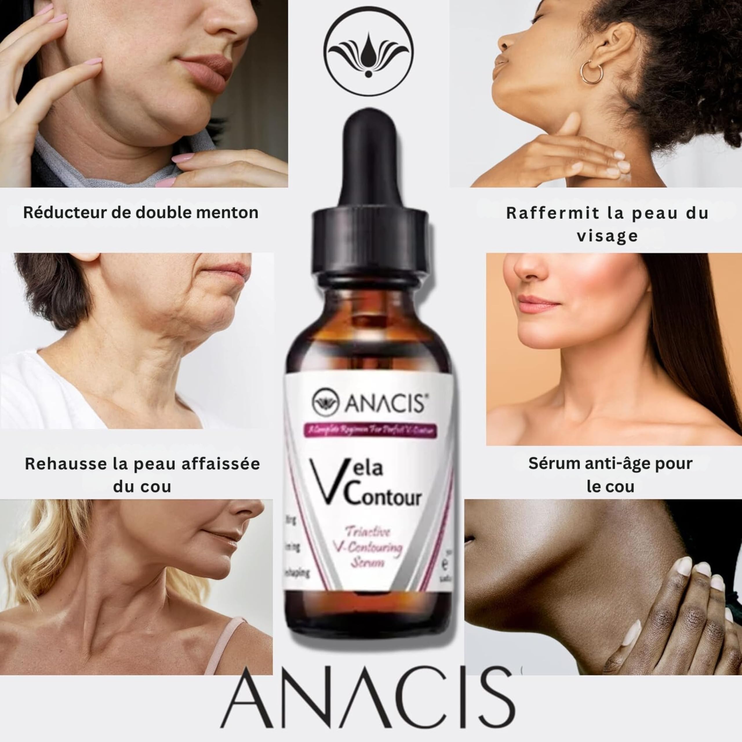 Vela Contour Sérum - Raffermissant et Liftant pour le Cou, Anti-Rides, Réduit le Relâchement et le Double Menton | ANACIS Sérum Visage et Cou
