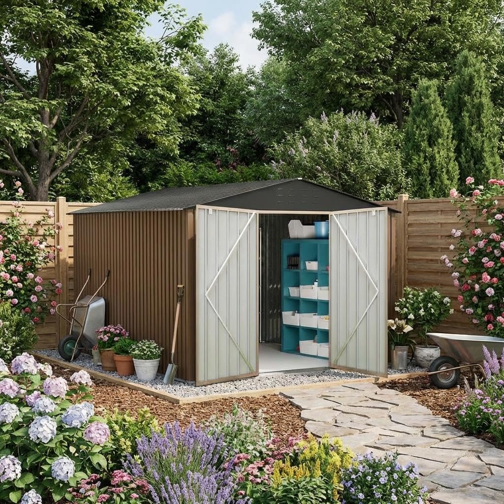 8x12 FT Outdoor Metal Storage Shed, Large Storage Sheds with Sturdy Frame Structure, Metal Garden Tool Shed with Lockable Door for Garden, Lawn, Backyard, Gray