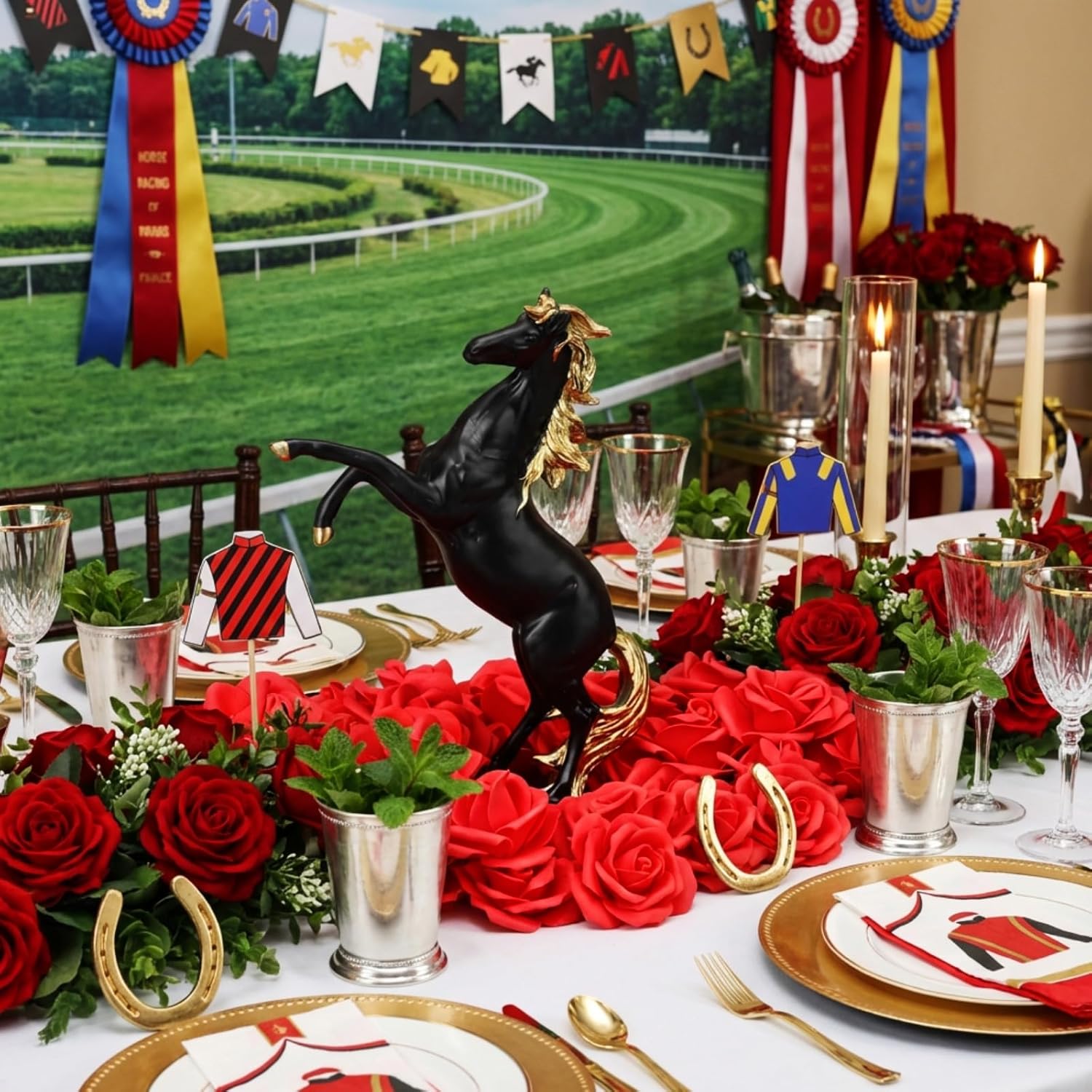 Threehoney Derby Table Decorations 11.6 Inch Horse Racing Table Centerpieces Black Resin Horse Figurines with 20 Red Fake Roses Derby Party Decor for Festival Holiday Supplies Home Office Desk Decor