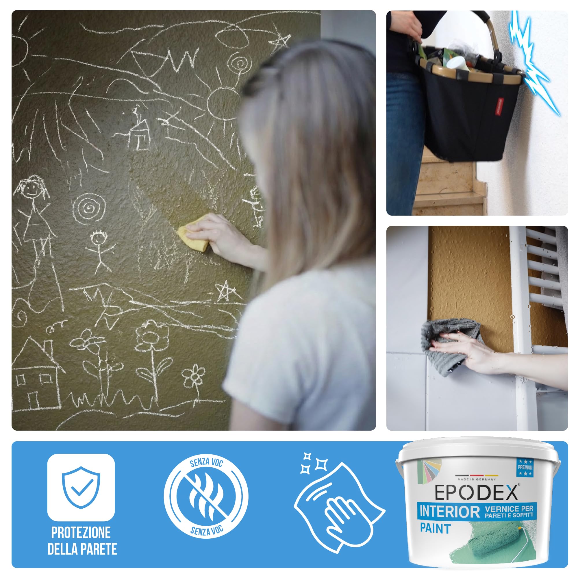EPODEX Pittura Murale Premium Pittura per Pareti con Formula Protettiva, Alta Coprenza, Lavabile, Senza Schizzi e Inodore, Finitura Satinata, 3kg (25 m² per mano) - Grigio antracite