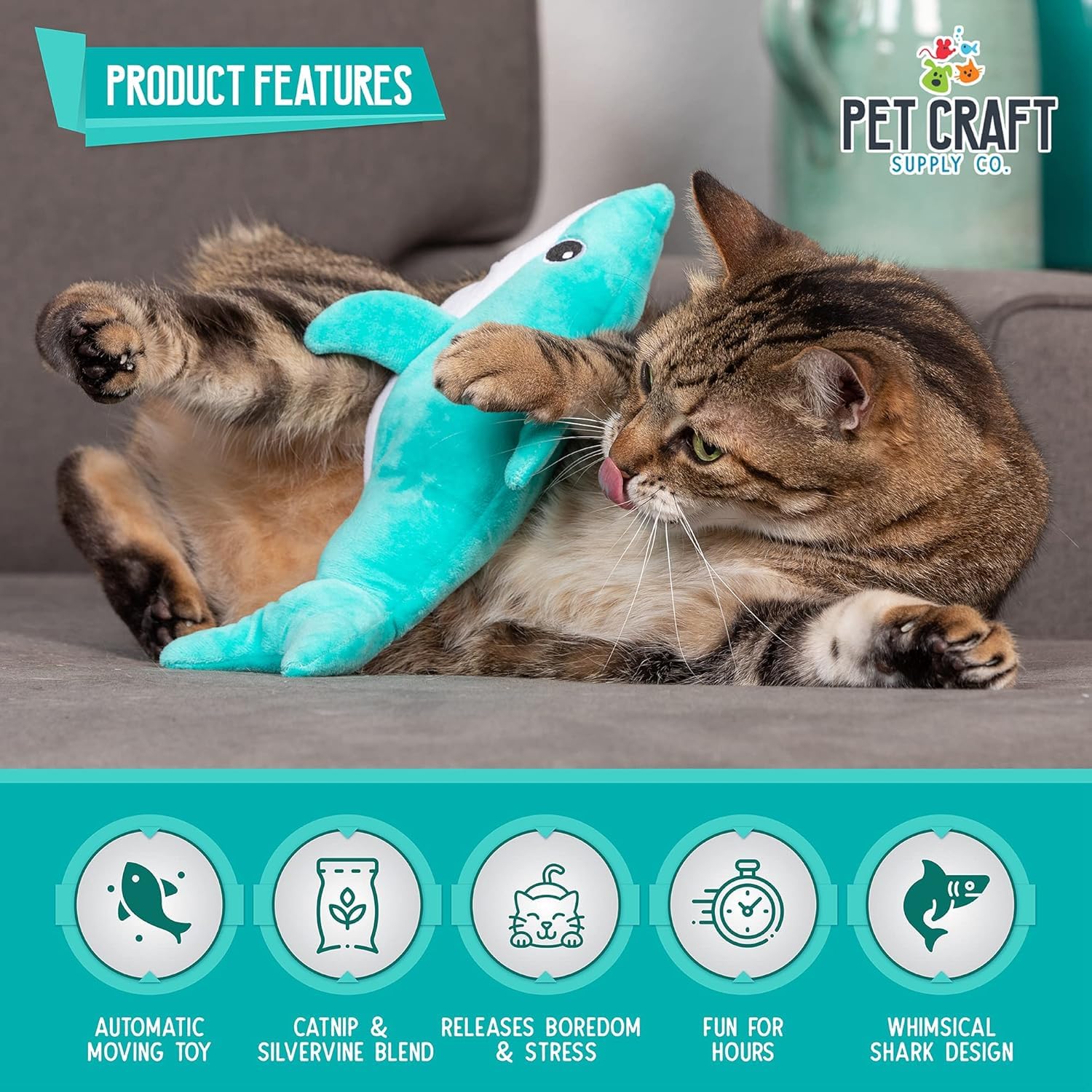 Pet Craft Supply Wiggle Pickle and Shimmy Shark Flipper Flopper Flopper Interactivo eléctrico Realista Que se Mueve Peces en Movimiento, Potente Hierba gatera y Silvervine Juguete para Gatos
