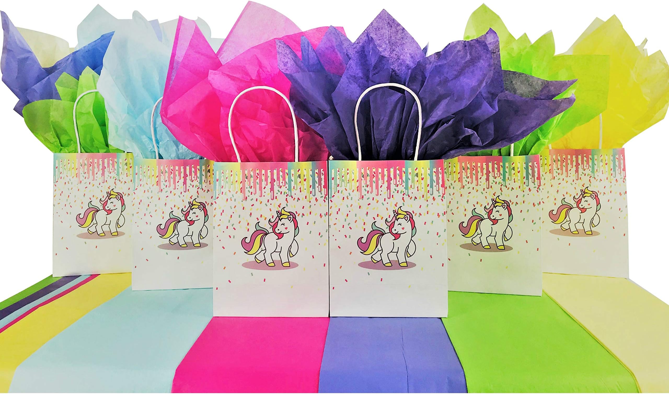 Unicorn Party Gift Bags for Favors Birthday Treat Goodie Candy Party Supplies (Set of 12 Bags/25 Pieces Rainbow Tissue Paper)