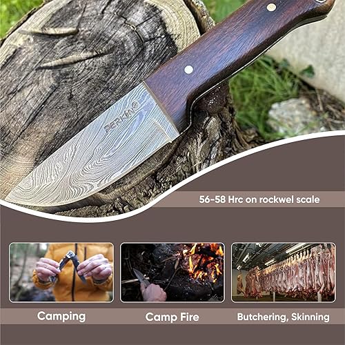 Miniatura 4 de Venta - Cuchillo de caza de Damasco hecho a mano personalizado Hermoso cuchillo de Bushcraft con funda y sacapuntas de cuchillo