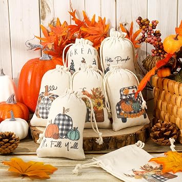Whaline 24 Pcs Fall Burlap Bags 4 x 6 Inch Buffalo Check Plaid Gnomes Pumpkin Treat Bags with Maple Leaf Kraft Tag Autumn Candy Goodies Bag for Holiday Thanksgiving Party Birthday Supplies