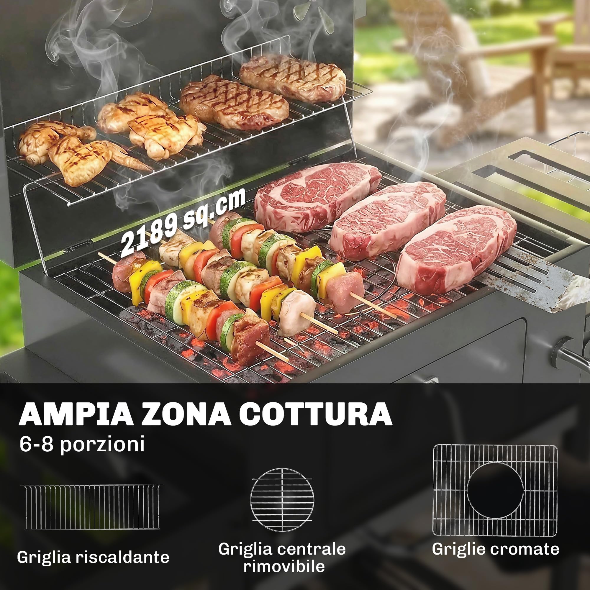 Outsunny Barbecue Carbonella con Griglia, Sfiati Vasca Carbone Regolabile, Carrello BBQ Barbecue Portatile con Coperchio, Ripiani Pieghevoli, Termometro, Cestino, Ganci, Ruote, per Campeggio, Nero