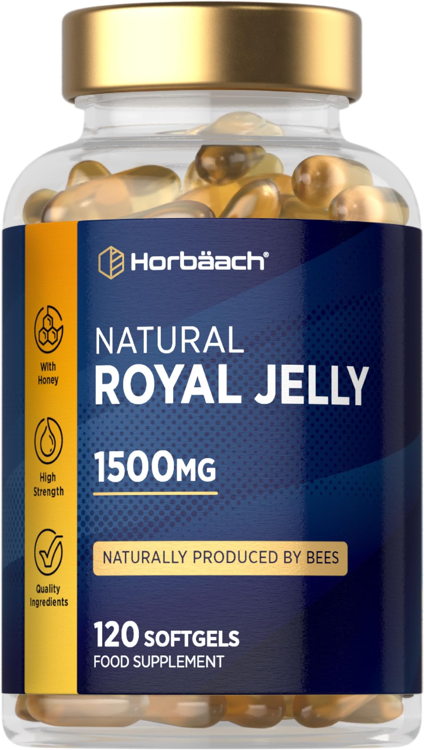 Royal Jelly Capsules 1500mg | 60,000mg per Bottle | Naturally Sourced & Produced By Bees | 120 High Strength Softgels | by Horbaach