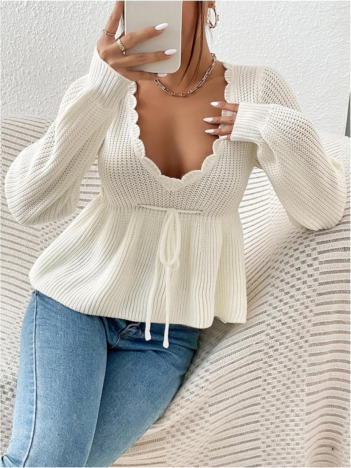 Milumia Women's Deep V Neck Long Sleeve Sweater Tie Front Ruffle Peplum Tops Knitwear - Image 4