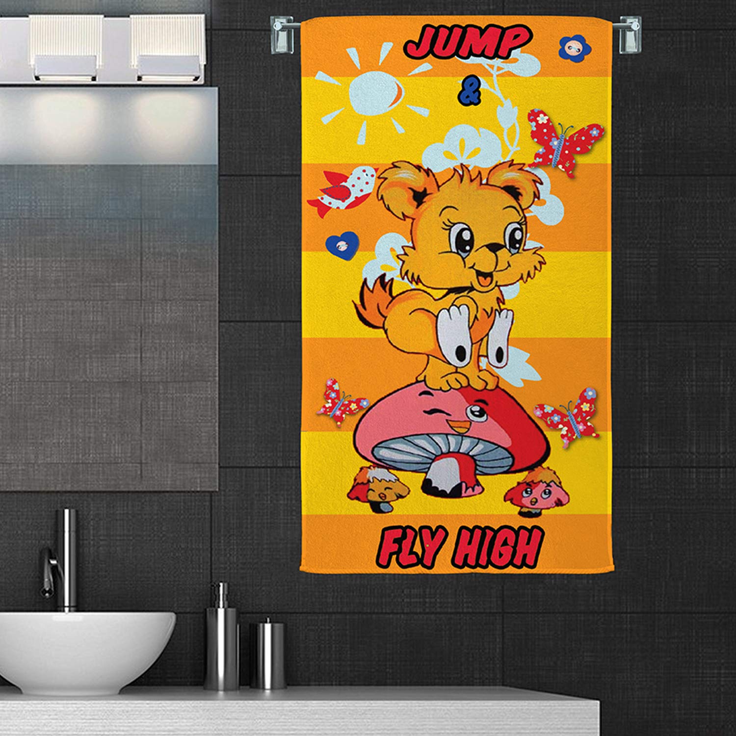 Sassoon 100% Cotton 300 GSM Kids Cartoon Bath Towel for Bathroom Set of 1pc, Yellow, 58 cm x 116 cm, Jump&Fly high, (Copy RIGHTED)