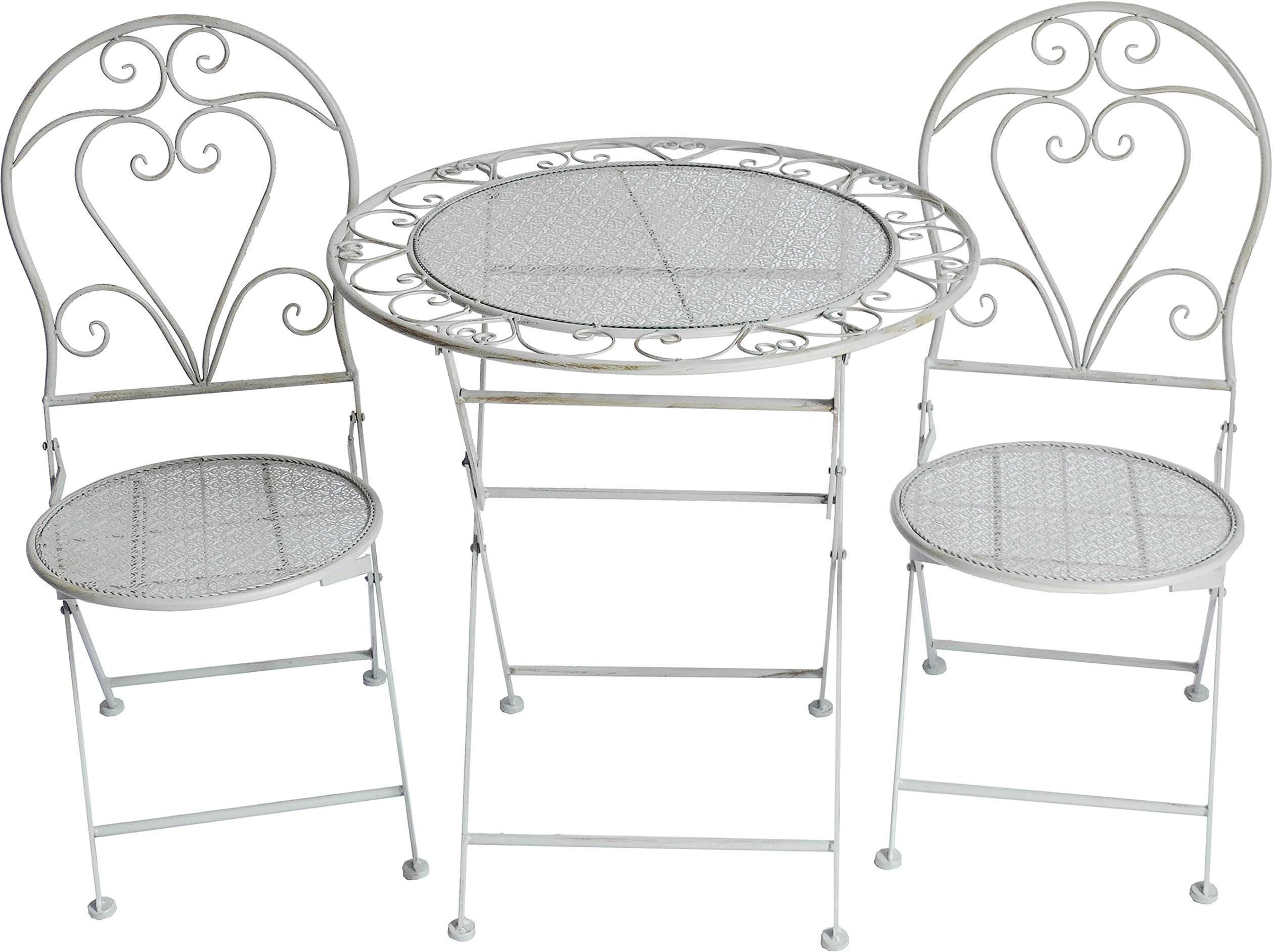 GlamHaus Garden Bistro Patio Set, 3 Piece Outdoor Or Indoor Metal Foldable Furniture, 2 Chairs And 1 Table For Balcony, Decking, Terrace, Lawn, Shabby Chic - Monaco (Antique Grey)