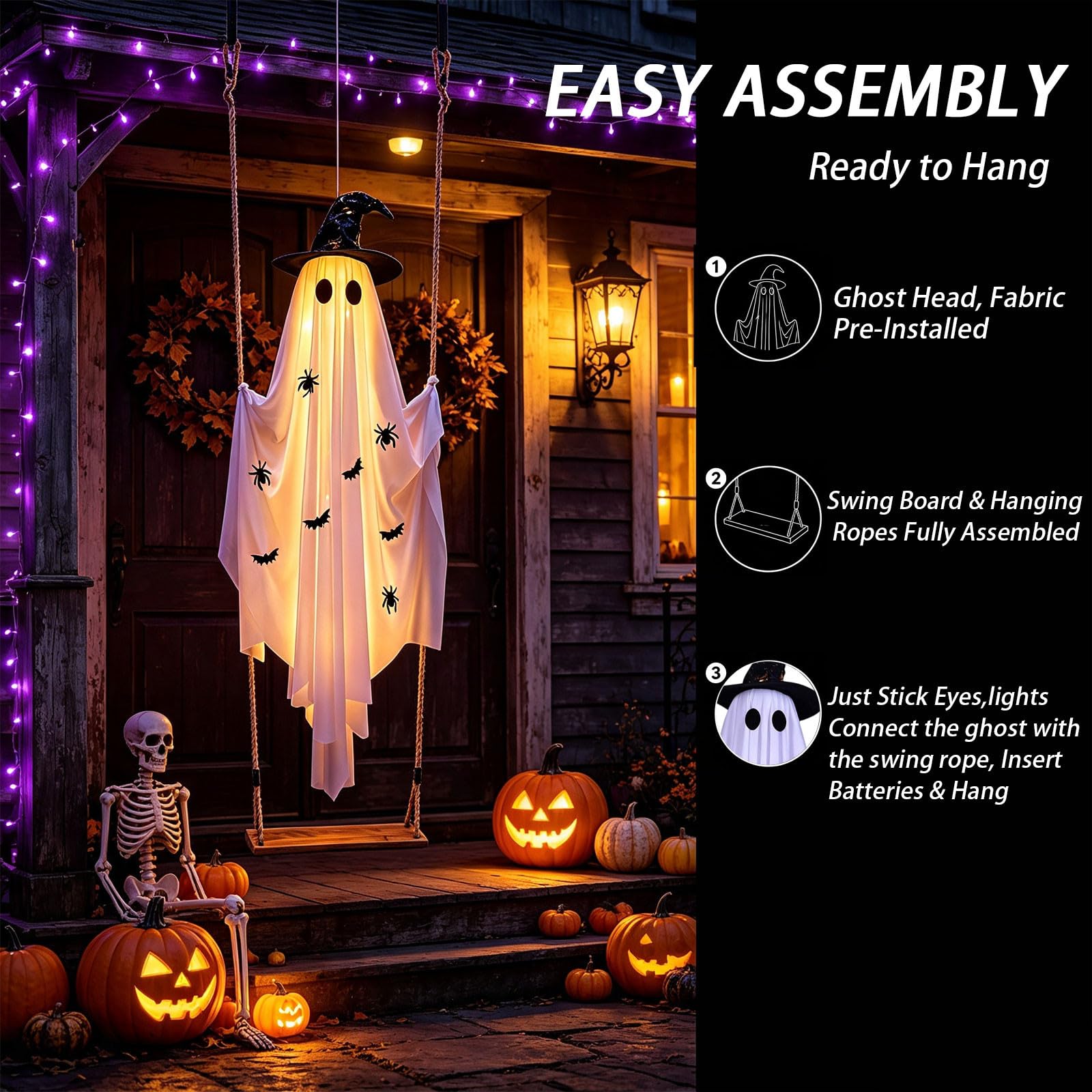 150cm Swinging Ghost, Halloween Deko Hängend Geist Auf Schaukel, Schaukelnder Geist, Gespenst auf Schaukel für Garten, Hof, Terrasse, Veranda & Partys Deko (C-150cm)