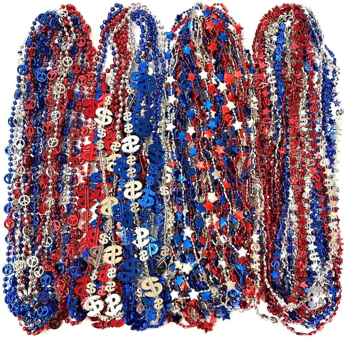 108 Pcs 4th of July Beads Necklaces Independence Day Red Blue Silver Bead Necklaces Fourth of July Patriotic Parade Party Celebration Decorations