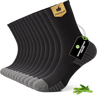 FALARY Mens Crew Socks Athletic Running Sports Bamboo Socks,Cushioned Moisture Wicking,Breathable Arch Support 6 Pack,13-15,Black