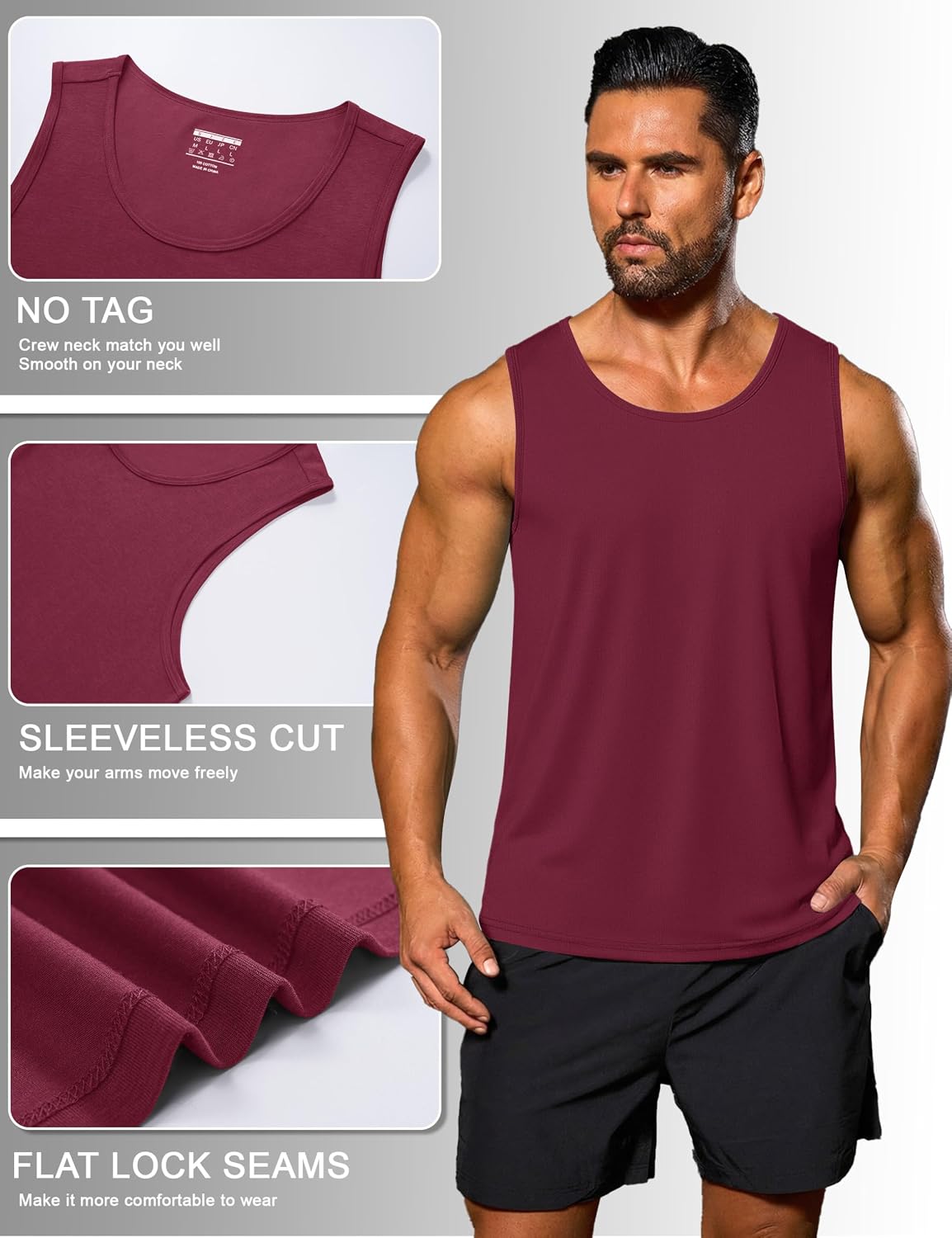 Cotrasen 3 Pack Men's Tank Top Cotton Moisture Wicking Sleeveless Shirts Summer Muscle Shirt Gym Workout Tank