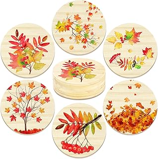6 Packs Thanksgiving Coasters for Drinks Autumn Themed Wood Drink Coaster Set Round Rustic Thanksgiving Coasters for Wooden Table Maple Leaves Coffee Bar Coasters for Drinking Glasses Drinks