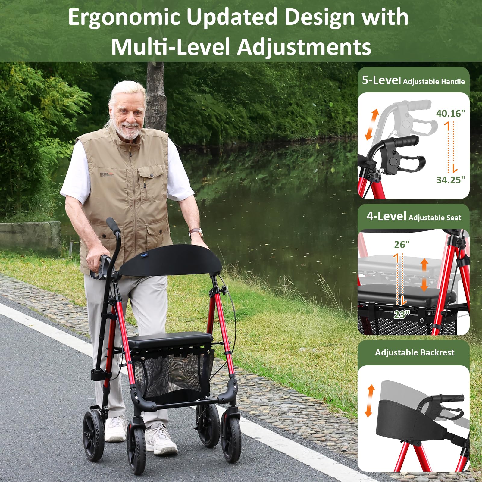 WALK MATE Andador plegable y ligero con asiento, soporta hasta 175 kg, andador para la vivienda interior y exterior con ruedas antideslizantes, altura regulable de aluminio, incluye bolsa y soporte