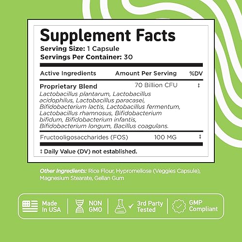 Miniatura 7 de Vital Vitamins Complejo probiótico para hombres y mujeres, 70 mil millones de UFC, fabricado con mezcla prebiótica, digestivo, salud intestinal y