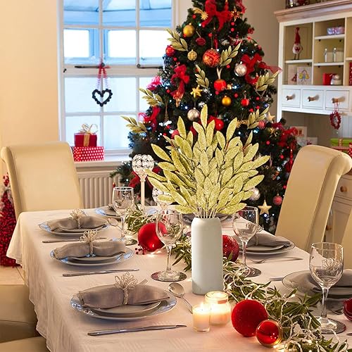 Miniatura 5 de 24 hojas de plata artificiales con purpurina, 13 pulgadas, hojas de flores plateadas de Navidad, hojas de árbol de Navidad, adornos de árbol de