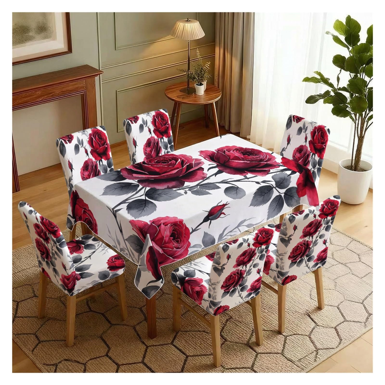 KXUAUV Deep Red Rose Floral Print Dining Tablecloth & Chair Cover Set, 5/7 Piece Botanical Slipcovers For Dining Kitchen Party Decor(7pcs Set: Tablecloth+Chair Covers)