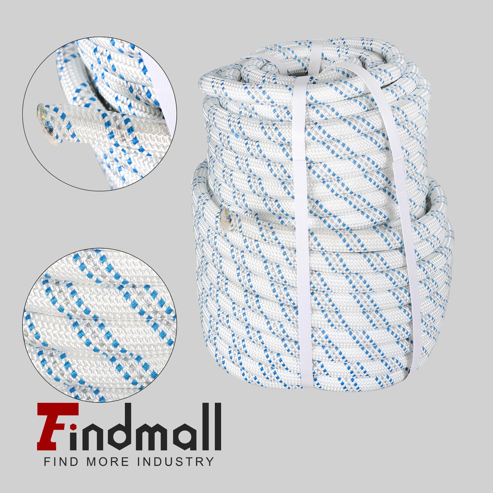 findmall Cuerda de poliéster trenzada de 3/4 pulgadas, cuerda de poliéster de alta resistencia, 150 pies, blanco, gris y azul