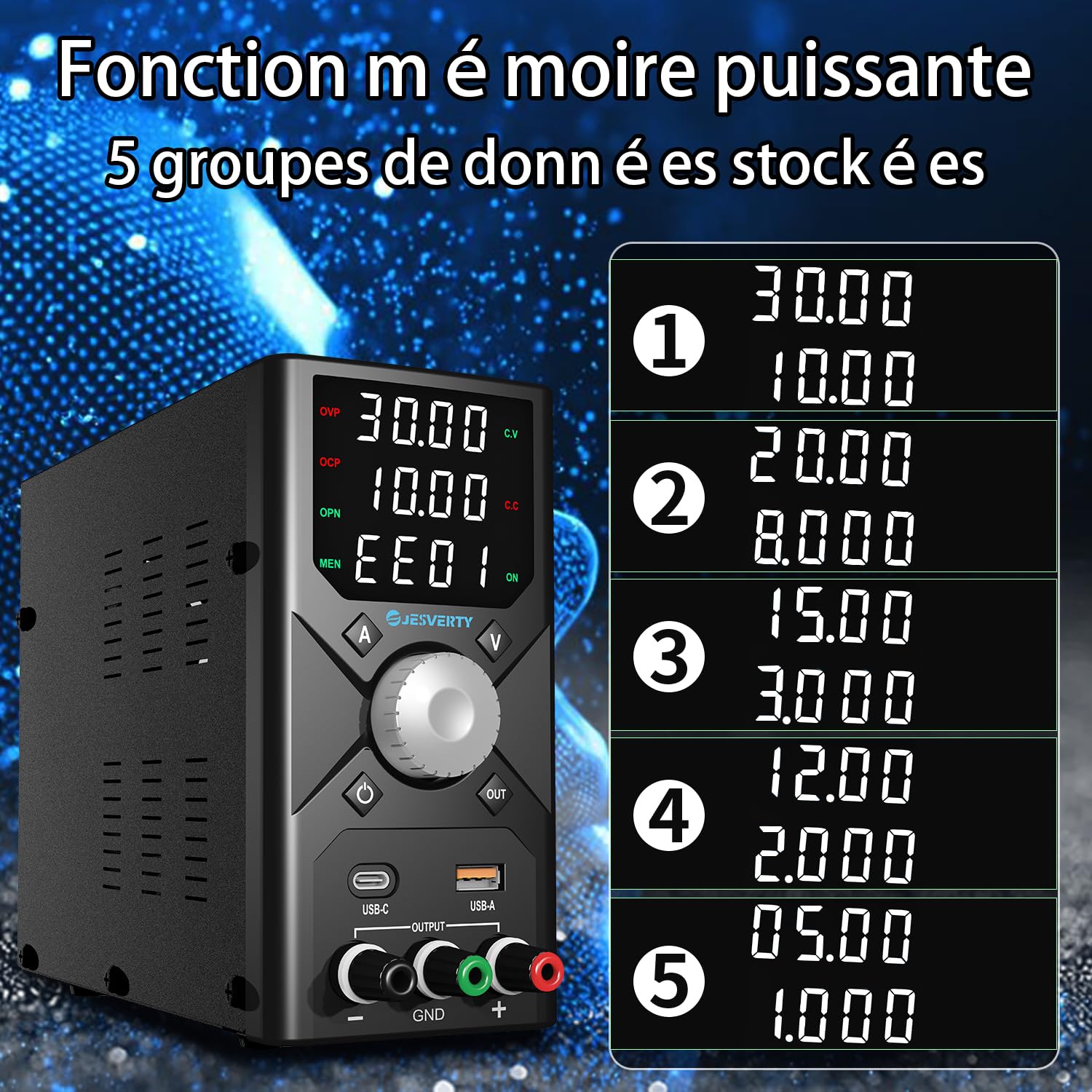 Alimentation CC Variable 0-30V 0-10A, Alimentation de Banc régulée CC à Commutation réglable avec Bouton d'encodeur, Charge Rapide USB-A et USB-C, mémoire prédéfinie