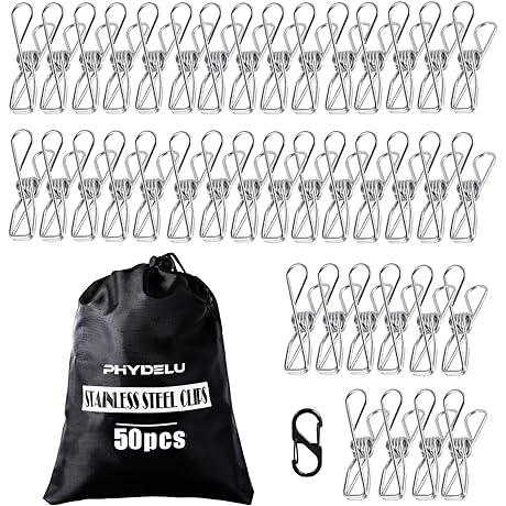 50-Pack Heavy-Duty Stainless Steel Metal Clothespin Clips for Laundry, Clothes Hanging, and Food Packages