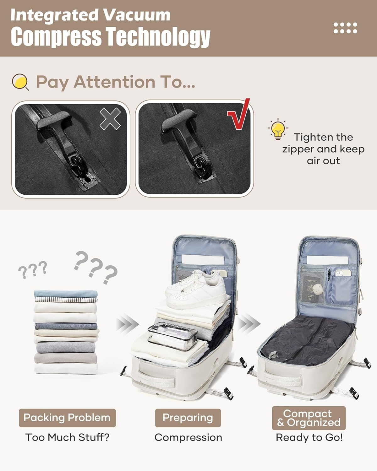 Vacuum Travel Backpack with Vacuum System Air Vacpack Vacuum Seal Compression Backpack with Air Pump Flight Approved Carry on Compression Daypack Space Saver Bags Personal Item Bags Grey White