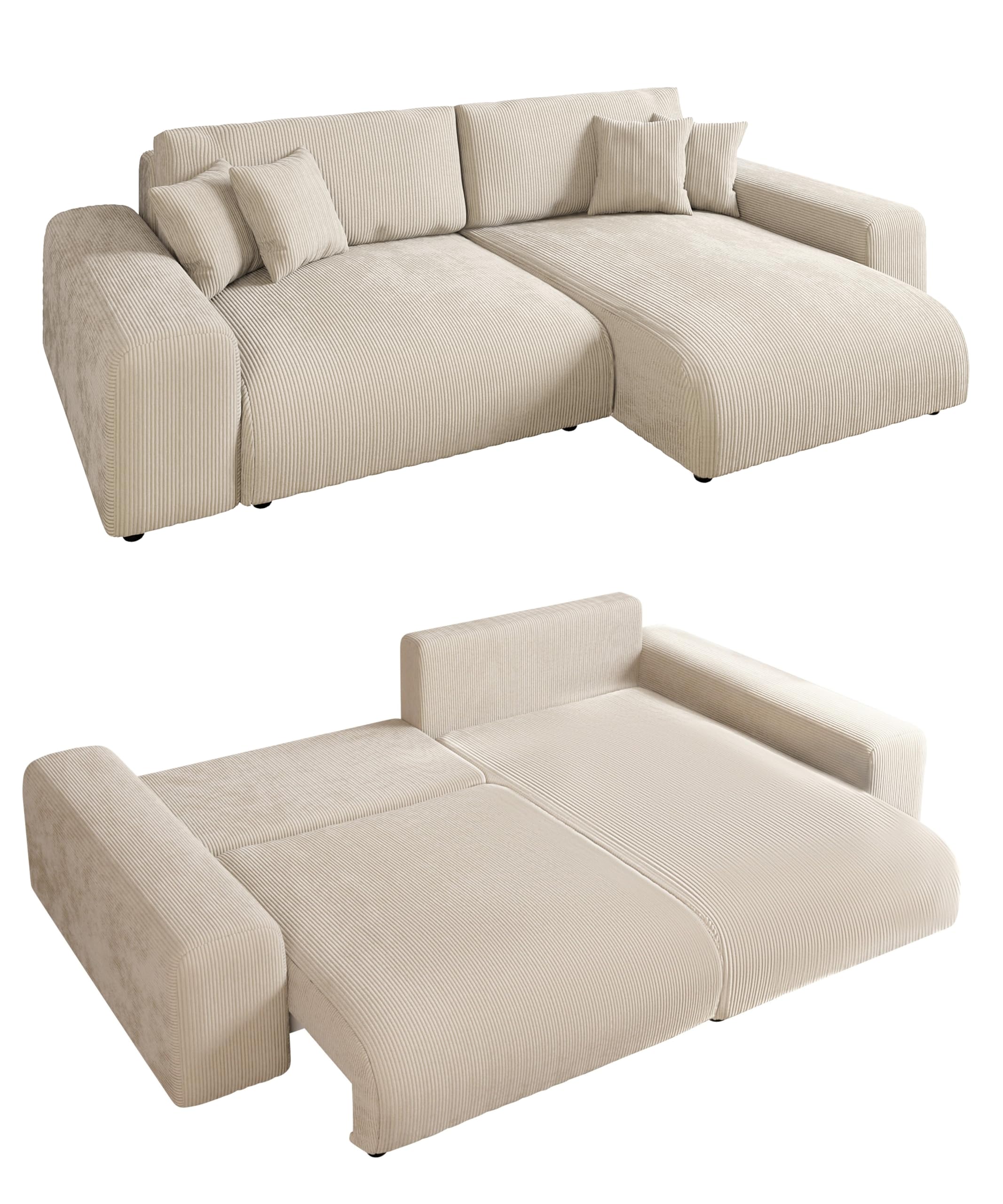 Cord-Ecksofa B255/H165/T84 cm mit Schlaffunktion und Bettkasten (Bezug Beige) – Exklusivmodell