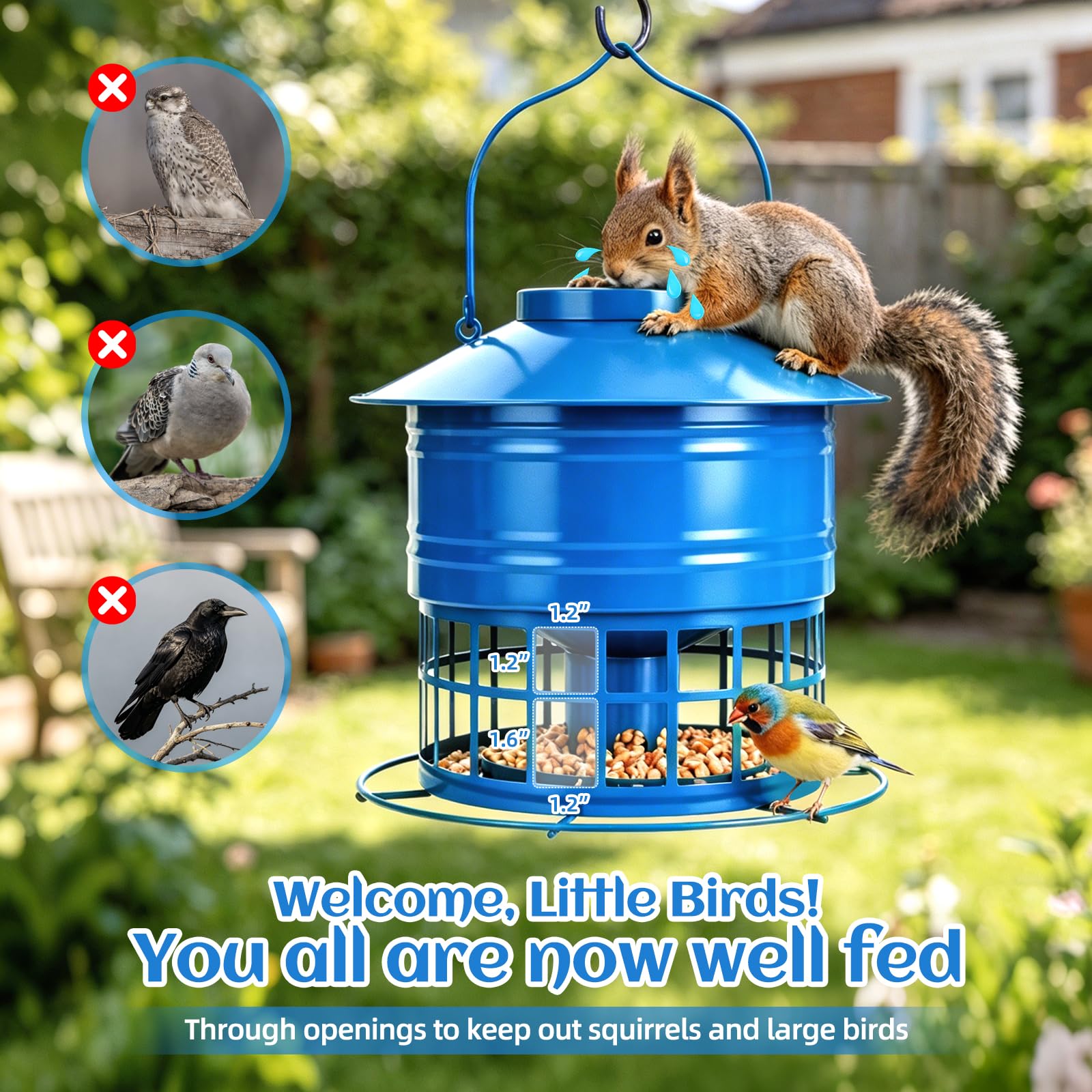 Vogelfutterstation für draußen, Eichhörnchensicher Vogelfutterspender für draußen, 4,5 kg, Metallkäfig-Futterstation für Wildvögel, mit 32 Futteröffnungen, hängende Vogelfutterstation für kleine Vögel