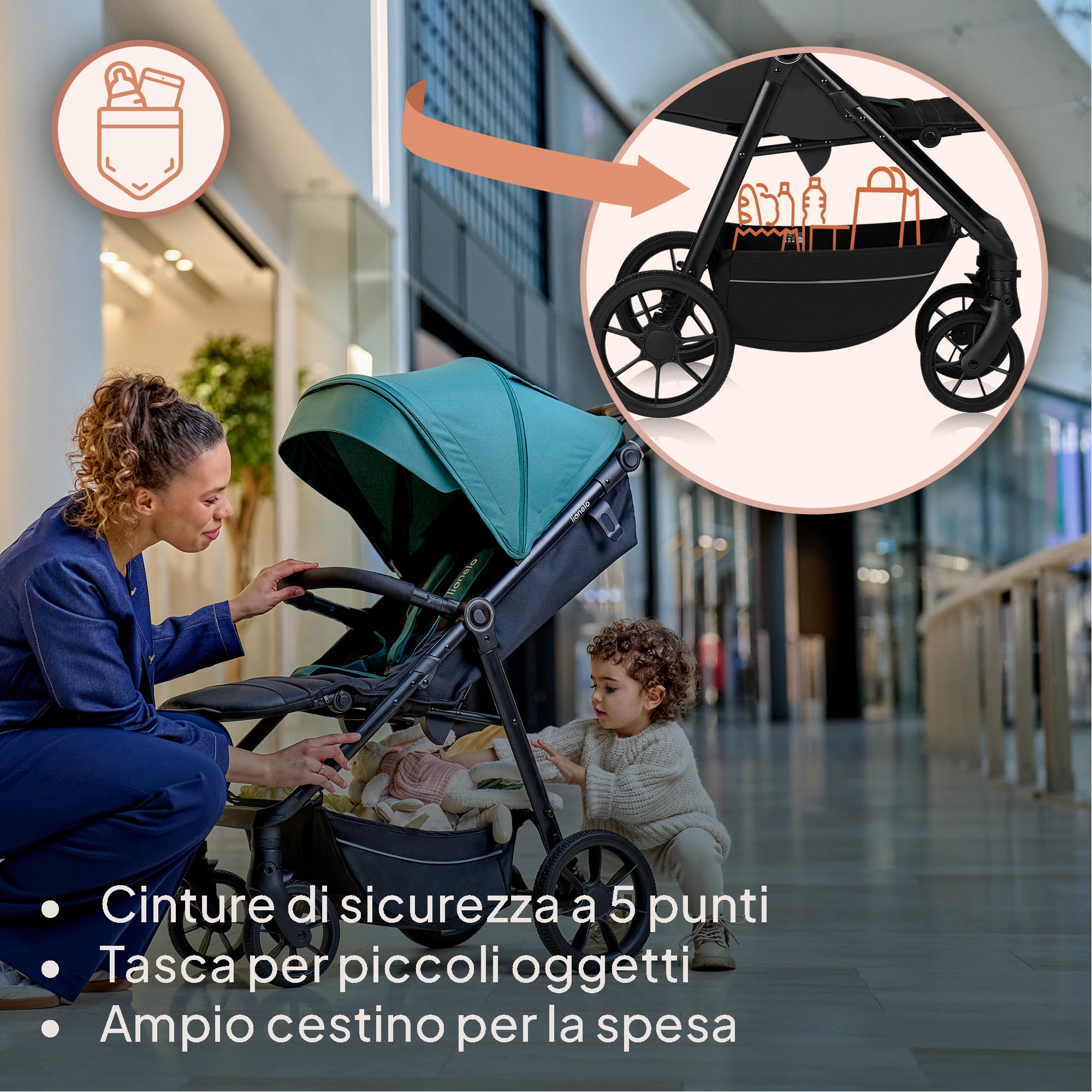 LIONELO Passeggino compatto e laggero MIRA per bambini da 6 mesi a 4 anni/ 22 kg, Ruote girevoli a 360° Sospensione completa, Schienale e Poggiapiedi regolabili, Capottina XXL UPF50+, Ampio cestino