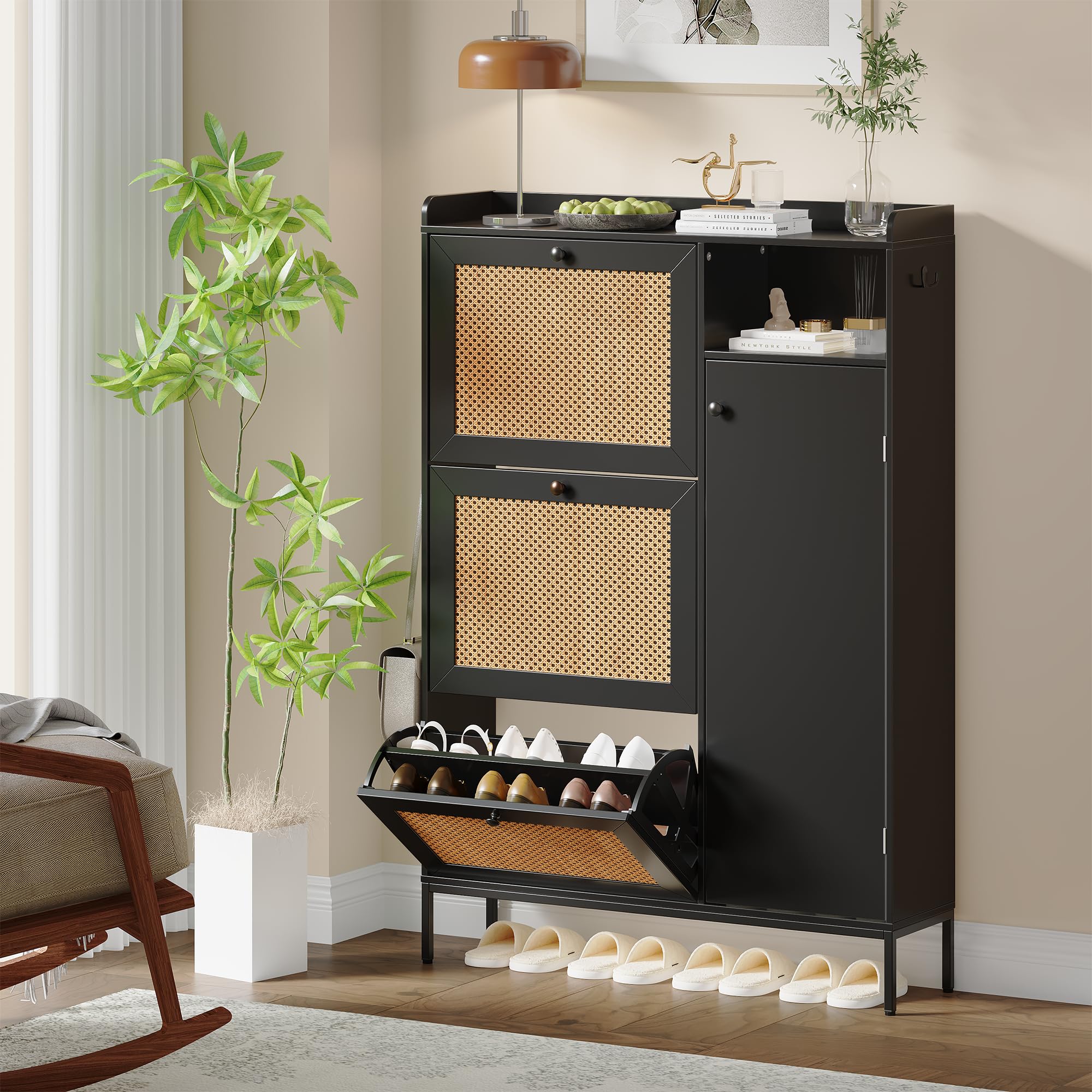 Amazon.com: Shoe Cabinet with 3 Flip Drawers, Rattan Freestanding