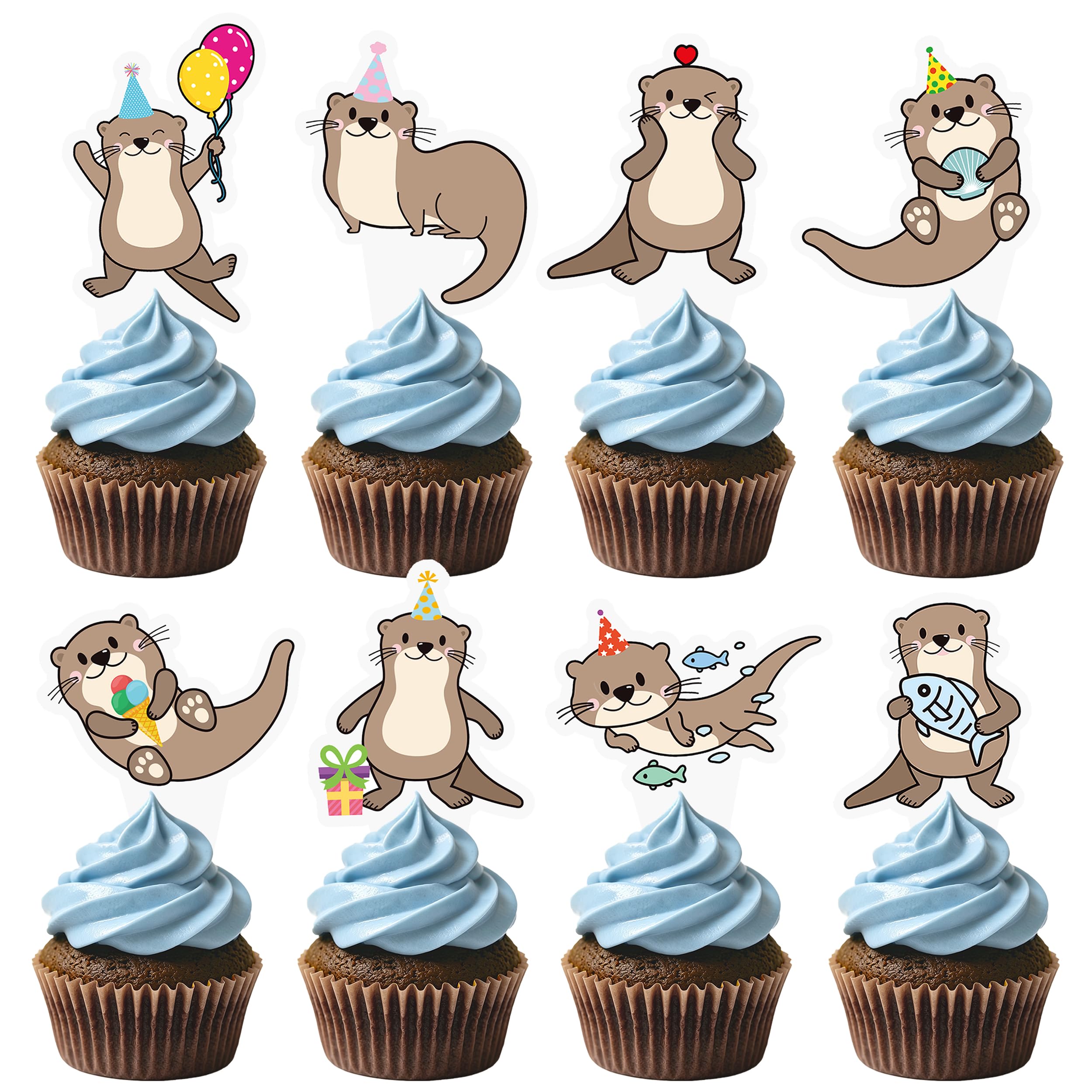 48Pcs Otter Theme Cupcake Toppers for Sea and River Birthday Party Decorations - Cake Topper for Cute Baby Shower Ocean Animal Party Supplies