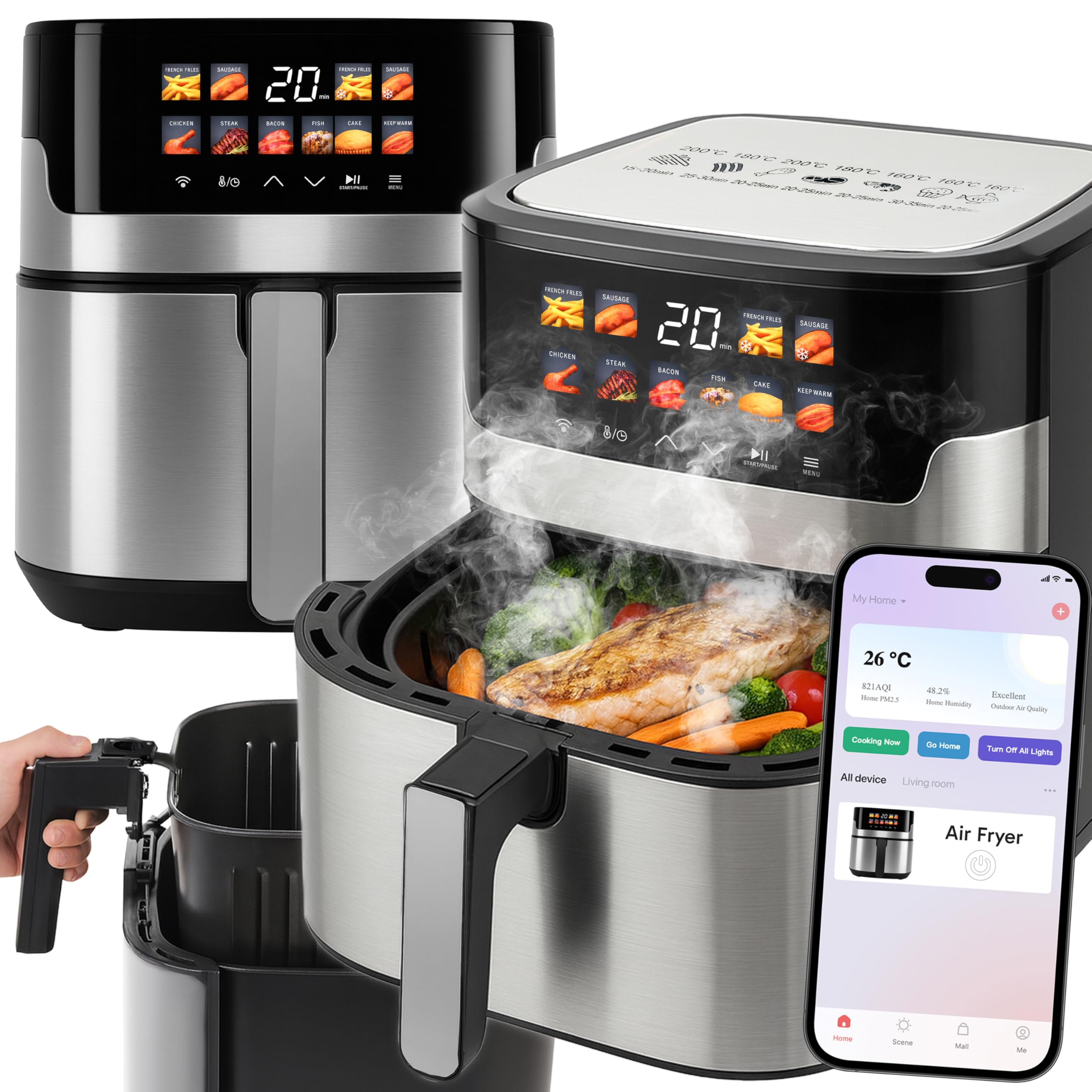 Retoo Frytkownica na gorące powietrze 6,5 l – Airfryer z powłoką zapobiegającą przywieraniu, funkcje 10 w 1, ekran dotykowy, regulacja temperatury od 60 do 200 °C, RapidAir, technologia Air