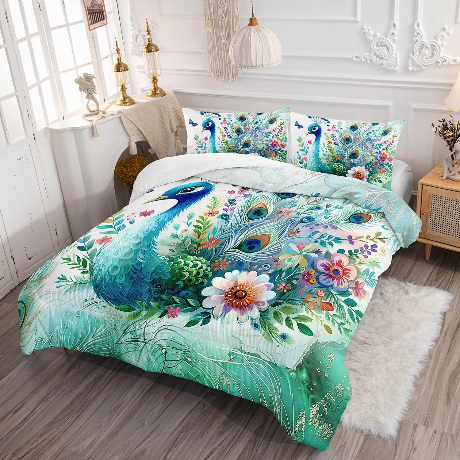Teal Blossom Peacock Animal Themed Comforter 3Pcs Full Flower Butterfly Bedding Set for Kid Teen Girl Boy Adult Room Decor Watercolor Feather Botanical Quilt with 1 Comforter and 2 Pillowcases