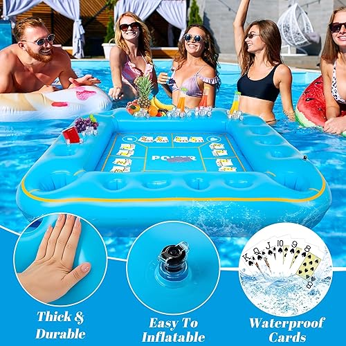 Miniatura 3 de Elcoho Mesa de juego inflable extra grande de 55 x 55 pulgadas con naipes impermeables, mesa de billar flotante, soporte para bebidas, bandeja