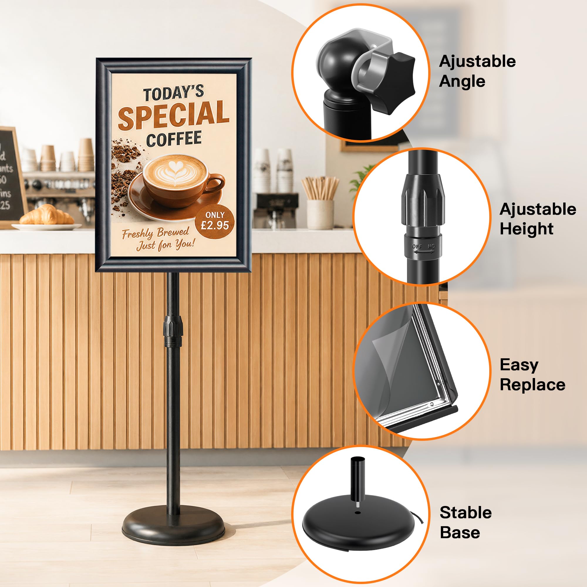 Lote de 4 Soporte para Carteles A3 de Pie – Soporte ajustable para Información, Menús, Póster, Restaurante, Exhibición y Uso en Exteriores, Expositor Publicitario con Marco Clipsable – Negro