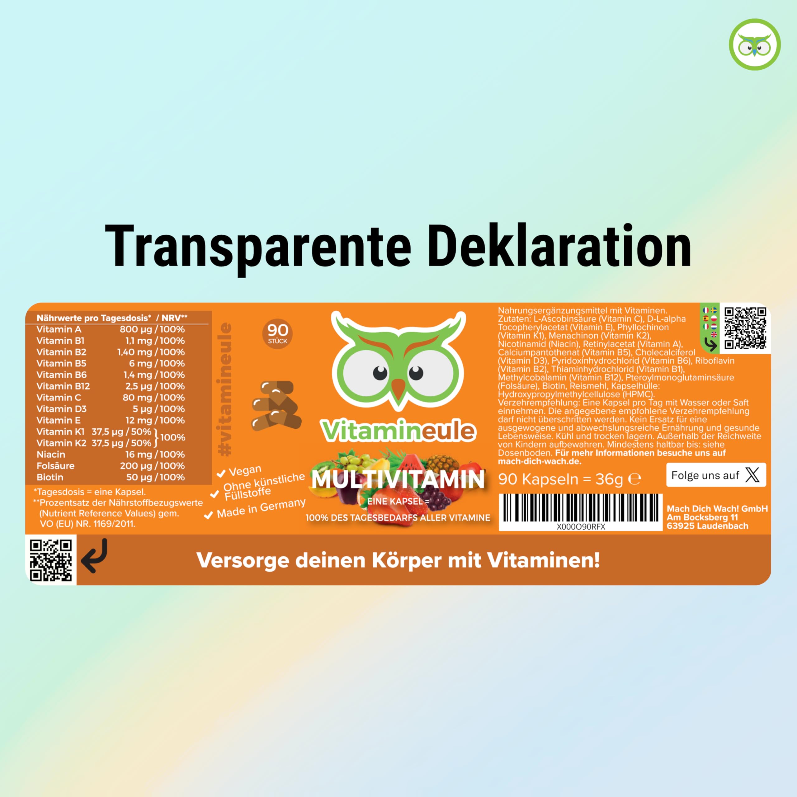 Multivitamin Kapseln - für Erwachsene & Kinder - hochdosiert & vegan - alle A-Z Vitamine - Produktion in Deutschland - laborgeprüft - ohne Jod & Zucker - kleine Kapseln statt Tabletten - Vitamineule®