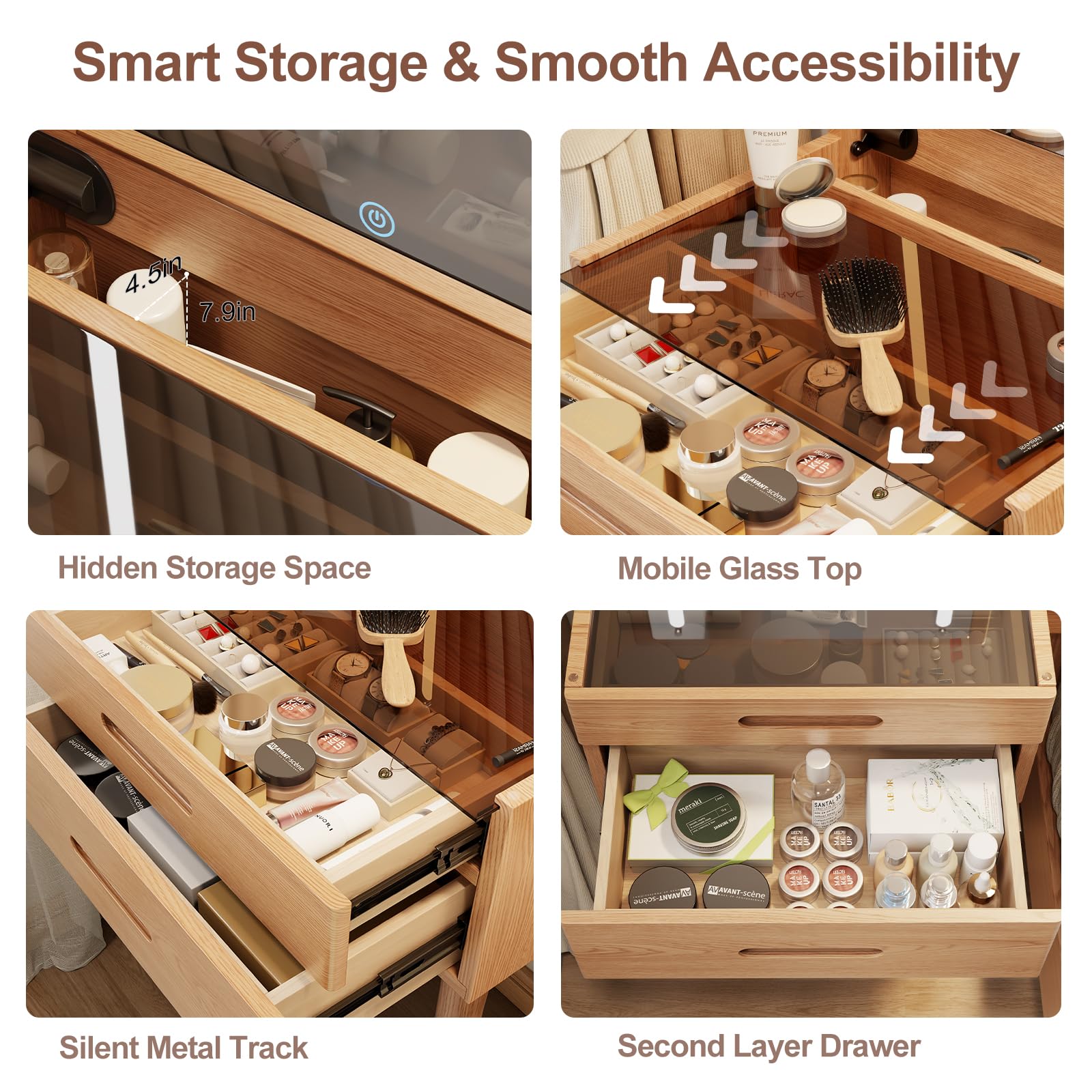 Escritorio pequeño de madera maciza con espejo abatible, luces ajustables de brillo, tocador compacto con parte superior de vidrio y cajones, tocador delgado para espacios pequeños, dormitorio 5