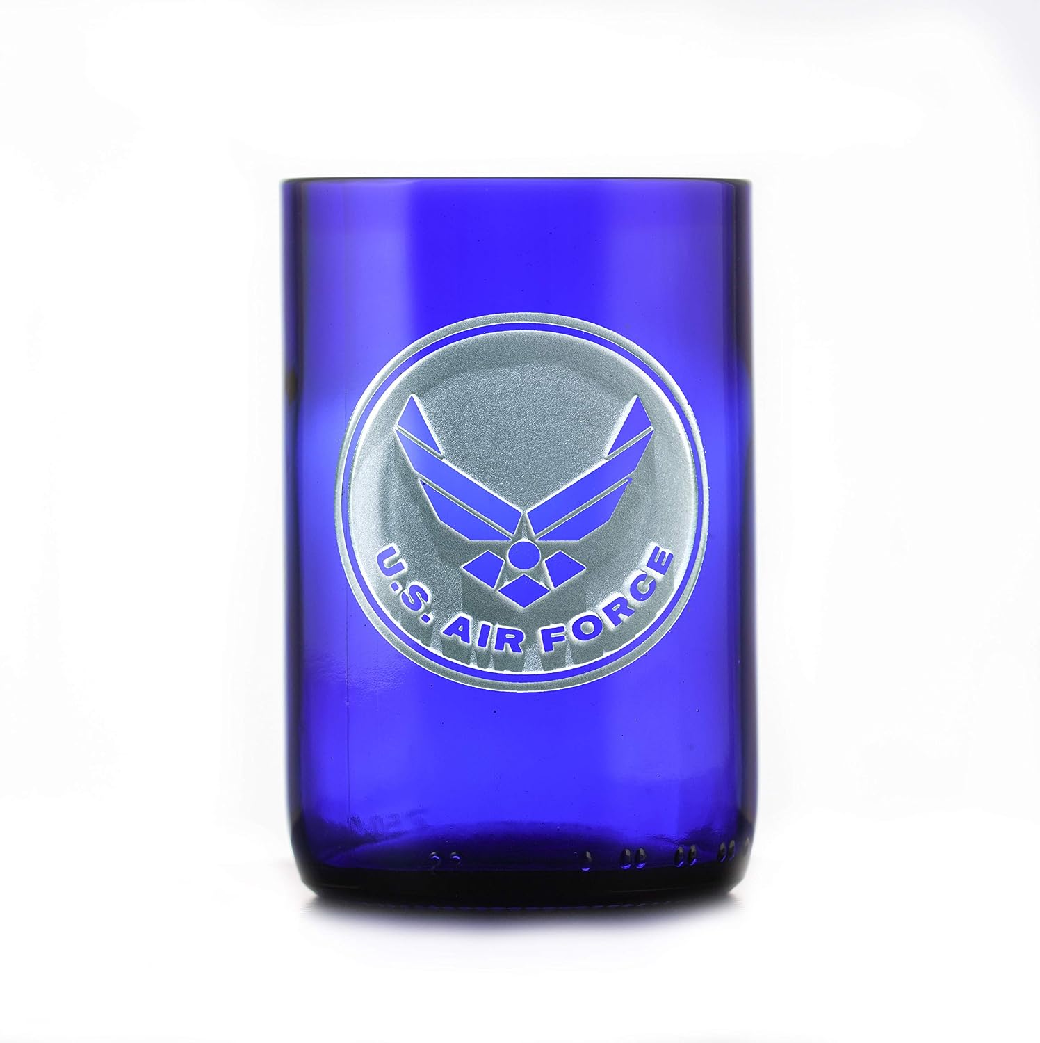 Air Force Gift For Airman, Engraved Recycled Blue Wine Bottle Glass