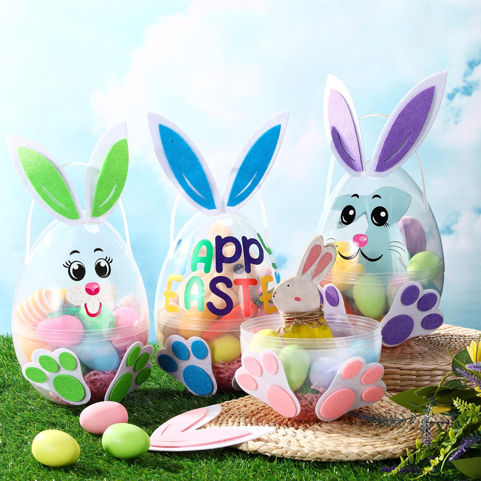 Civaner 4 Set Easter Jumbo Plastic Eggs with Easter Bunny Accessories 8 Inches Transparent Jumbo Fillable Easter Eggs with Handles Giant Plastic Egg Giant Clear Egg for Egg Hunt Surprise DIY
