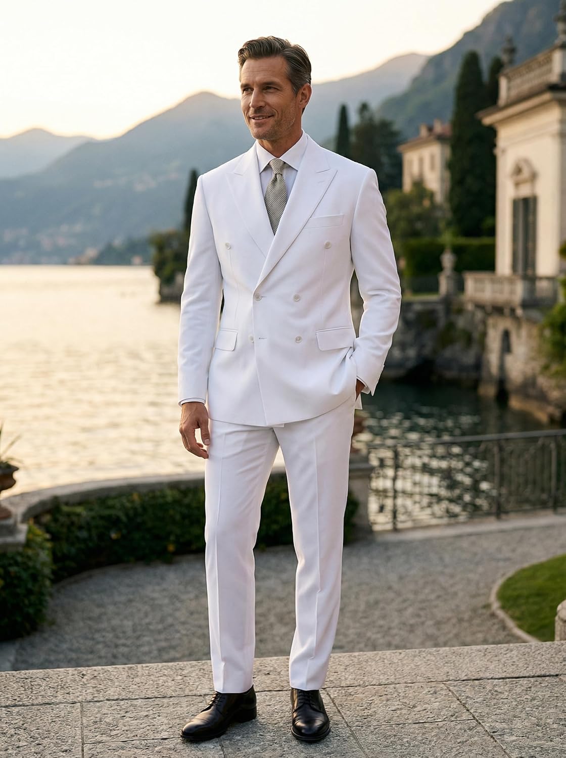 Mens Double Breasted Suit Slim Fit Solid Suit Jacket and Dress Pants 2 Piece Set Prom Wedding Suits for Men