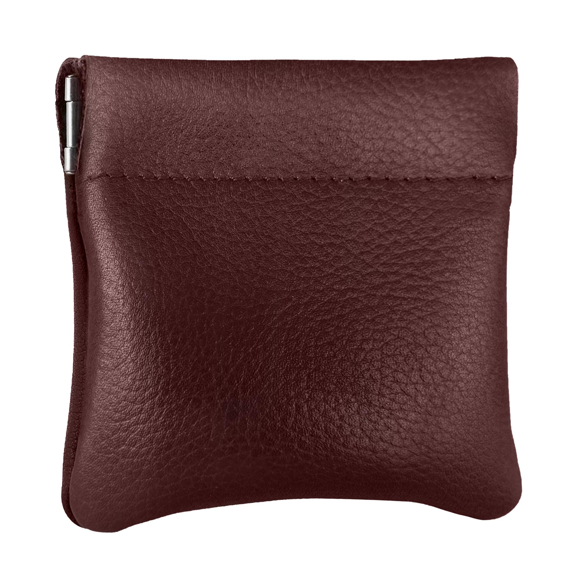 Classic Leather Squeeze Coin Purse change Holder For Men, Pouch size 3.5 in X 3.25 in. high, Burgundy